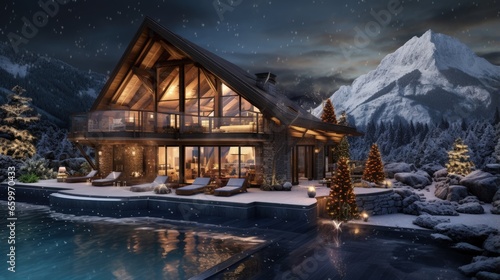 3d rendering of modern cozy chalet with pool and parking for sale or rent. Beautiful forest mountains on background. Massive timber beams columns. Cool winter night with stars in sky. © HN Works