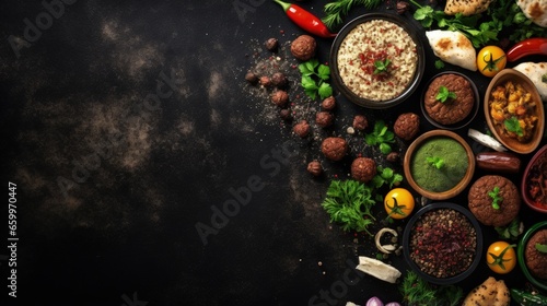 Middle eastern or arabic dishes and assorted meze on a dark background. Meat kebab  falafel  baba ghanoush  hummus  rice with vegetables  sambusak  kibbeh  pita. Halal food. Space for text. Top view