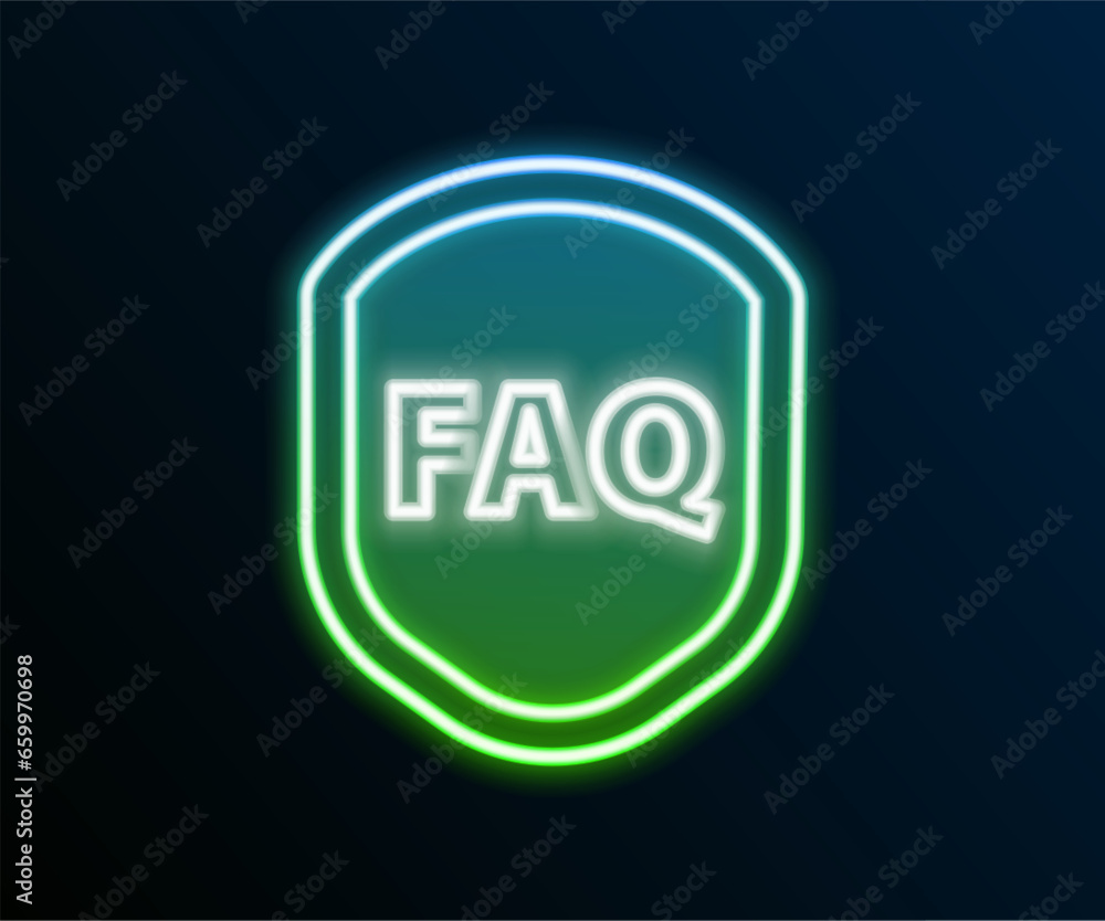 Glowing neon line Shield with text FAQ information icon isolated on black background. Guard sign. Security, safety, protection, privacy concept. Colorful outline concept. Vector Glowing neon line Shield with text FAQ information icon isolated on black background. Guard sign. Security, safety, protection, privacy concept. Colorful outline concept. Vector