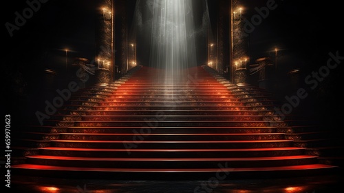 Red carpet on the stairs on a dark background. The path to glory  victory and success