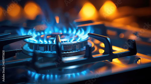 Kitchen gas stove burning with a blue flame. Global economic gas crisis. Close-up of a gas stove turned on.