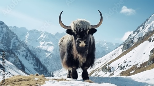 White & black yak in alpine mountains. Himalayan big yak in beautiful landscape. Hairy cattle cow wild animal in nature. Sunny winter day, yak face - wildlife concept. Farm animal in Nepal & Tibet