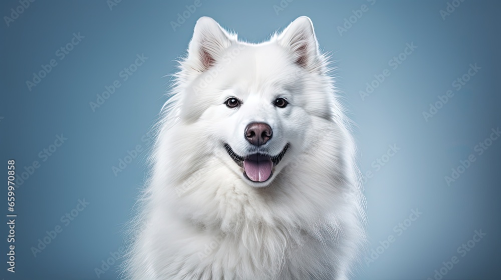 Flyer. Looks happy, delighted. Portrait of breed dog, fluffy snow-white Samoyed husky isolated on white studio background. Concept of animal, pets, care, fashion, vet, health. Copyspace for ad