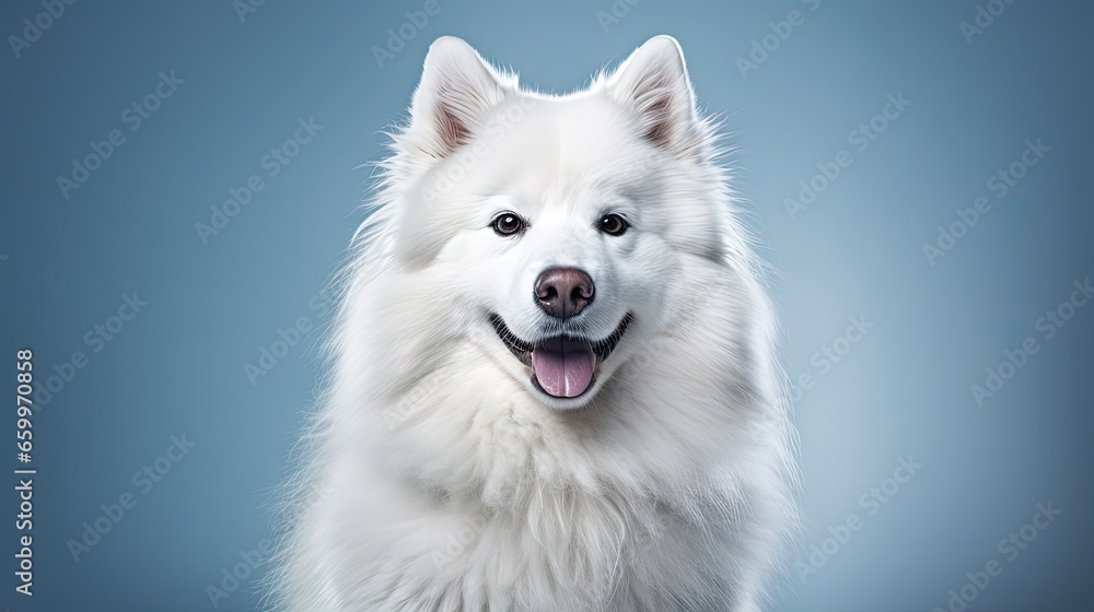 Flyer. Looks happy, delighted. Portrait of breed dog, fluffy snow-white Samoyed husky isolated on white studio background. Concept of animal, pets, care, fashion, vet, health. Copyspace for ad Flyer. Looks happy, delighted. Portrait of breed dog, fluffy snow-white Samoyed husky isolated on white studio background. Concept of animal, pets, care, fashion, vet, health. Copyspace for ad