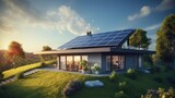 New ecologic house with solar panels Alternative to conventional energy. The battery is charged from a solar cell Advertisement Green energy Sustainable life Renewable