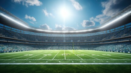 Dramatic 3D professional American football arena with green grass and rays of light