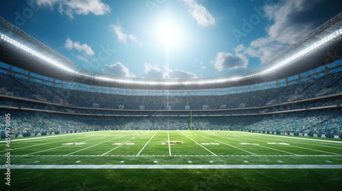 Dramatic 3D professional American football arena with green grass and rays of light