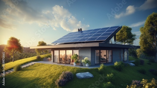 New ecologic house with solar panels Alternative to conventional energy. The battery is charged from a solar cell Advertisement Green energy Sustainable life Renewable