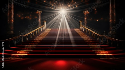 Red carpet on the stairs on a dark background. The path to glory, victory and success