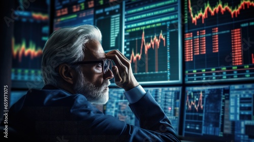 Financial forecast, vision for stock market investment return, make profit opportunity, discover economic recover, businessman financial professional look through binocular to see graph and chart.
