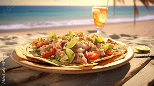 Tuna Ceviche Tostada served with avocado and lime on the beach in Mexico photo