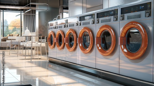 industrial washing machine Hotel laundry services Clothes dryer concept cleanliness and hospitality