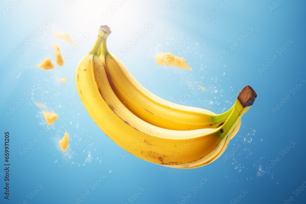 a clean detailed studio photo of yellow fresh raw ripe bananas flying in the air on pastel gradient background. Vegetable or fruit Food ingredient levitation. a clean detailed studio photo of yellow fresh raw ripe bananas flying in the air on pastel gradient background. Vegetable or fruit Food ingredient levitation.