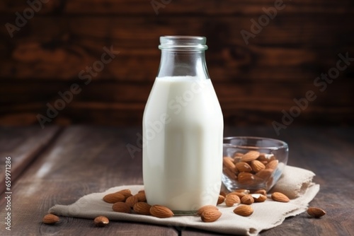 rustic homemade almond milk in a vintage glass bottle on a wooden table