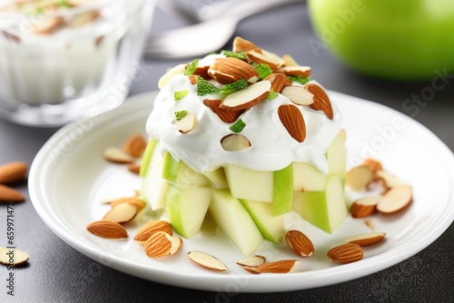 salad of apple and raw almonds covered in greek yogurt