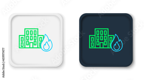 Line Fire in burning buildings on city street icon isolated on white background. Destroyed city on fire. Colorful outline concept. Vector