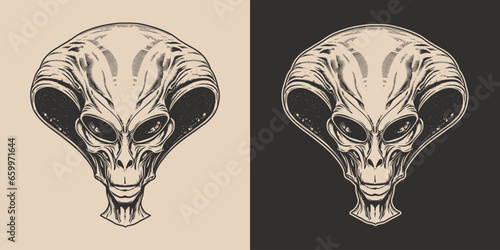 Vintage retro cartoon comics alien ufo creature humanoid person character spooky funny face portrait.
