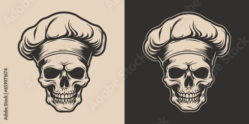 Set of vintage skull cook chef in hat uniform. Can be used for restaurant food menu emblem logo. Graphic Art. Vector. Hand drawn element in engraving