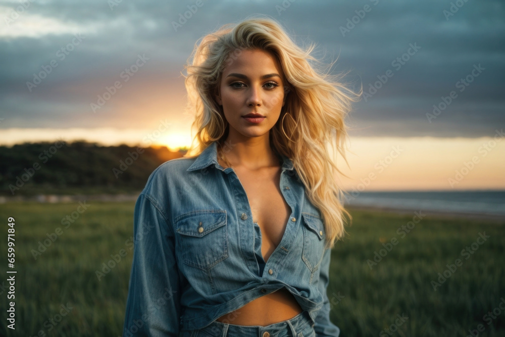 Beautiful woman with blonde hair wearing fashionable jeans on the meadow Beautiful woman with blonde hair wearing fashionable jeans on the meadow