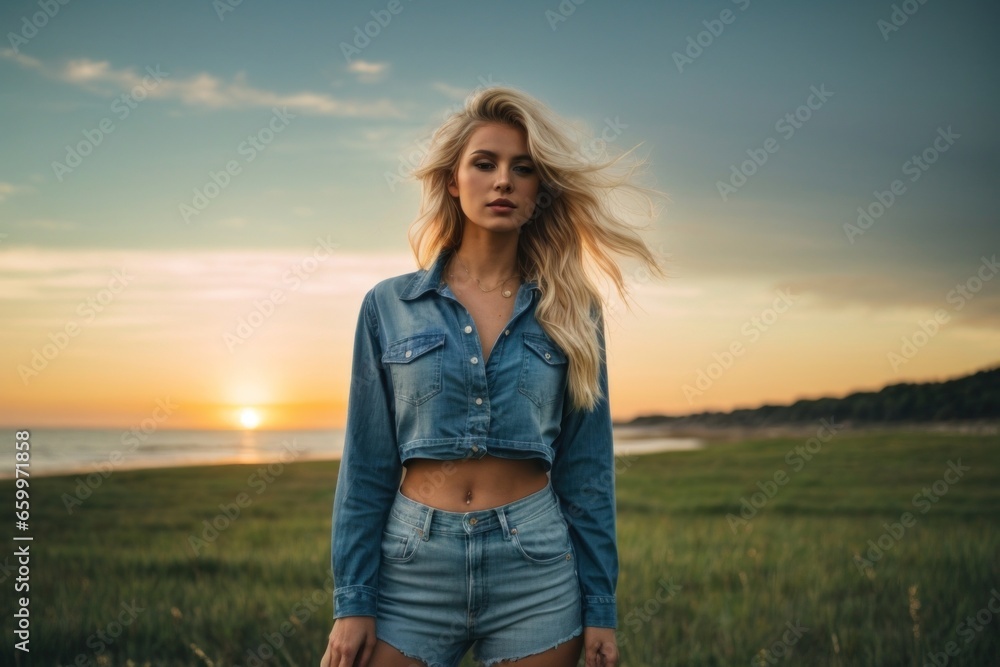 Beautiful woman with blonde hair wearing fashionable jeans on the meadow
