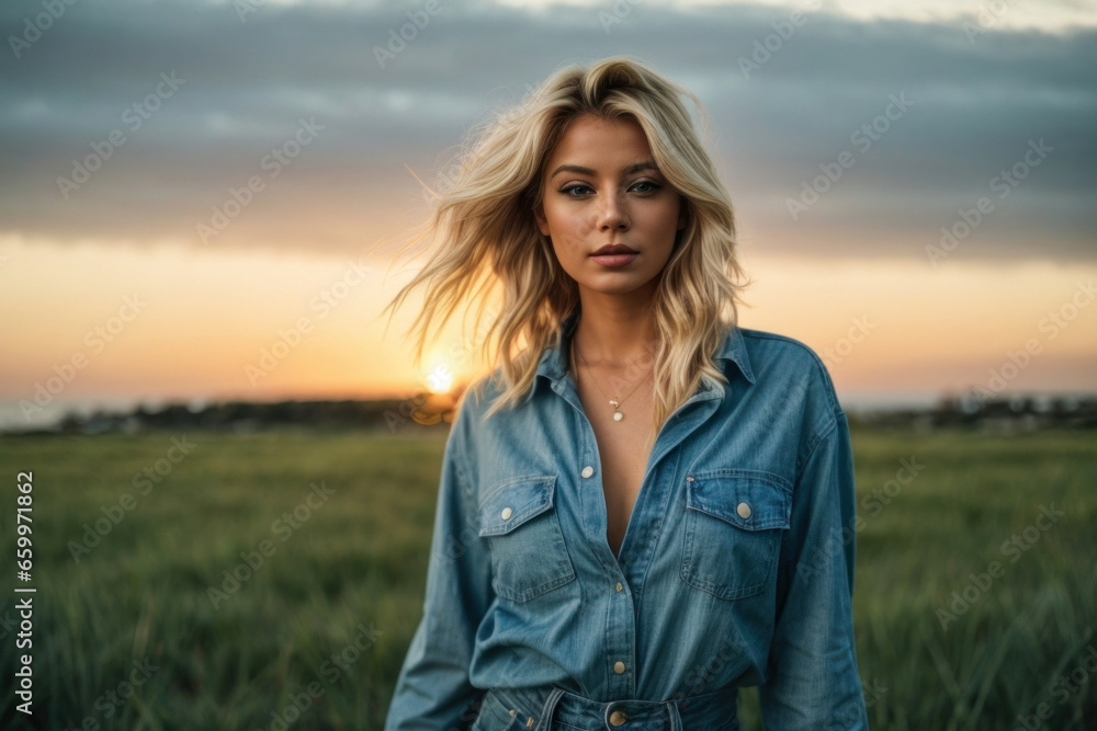 Beautiful woman with blonde hair wearing fashionable jeans on the meadow