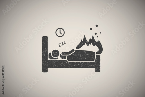 Fire during man sleeping fire icon vector illustration in stamp style