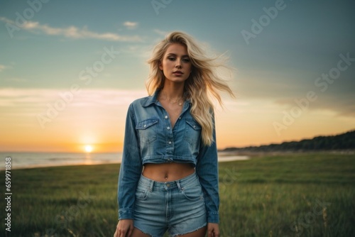 Beautiful woman with blonde hair wearing fashionable jeans on the meadow © 2D_Jungle