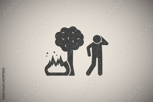 Tree, fire, man icon vector illustration in stamp style