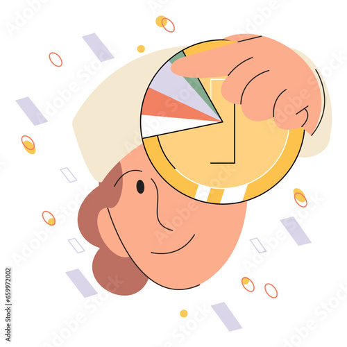 Calculating and planning budget, management of personal finance. Person analyzing expenses report, financial bill. Accounting and money concept. Woman holds golden coin in hand. Profit and loss check