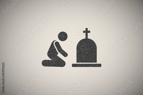Man funeral burial sorrow icon vector illustration in stamp style