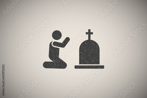 Man coffin burial weep sorrow icon vector illustration in stamp style