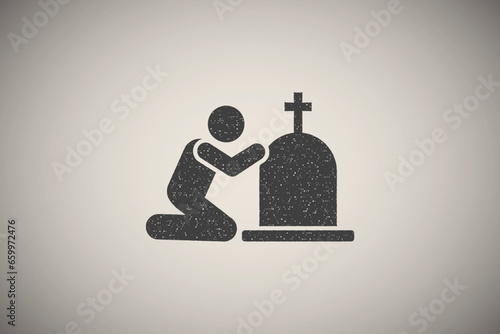 Man coffin burial funeral sorrow icon vector illustration in stamp style