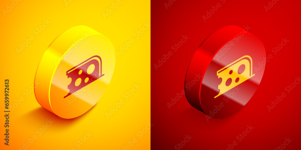 Isometric Cheese icon isolated on orange and red background. Circle button. Vector Isometric Cheese icon isolated on orange and red background. Circle button. Vector