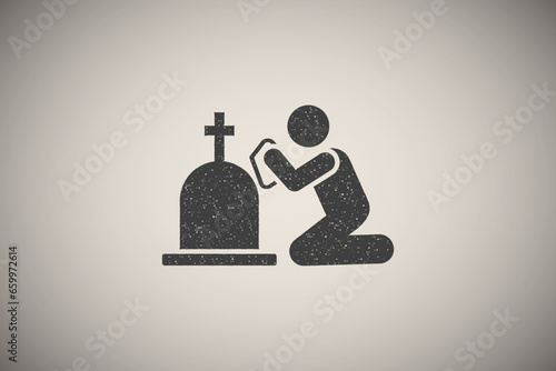 Man funeral sorrow burial icon vector illustration in stamp style