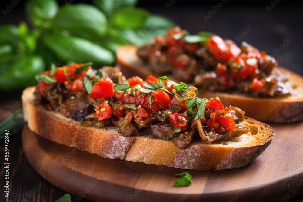 anchovy bruschetta with fresh basil leaf on top anchovy bruschetta with fresh basil leaf on top