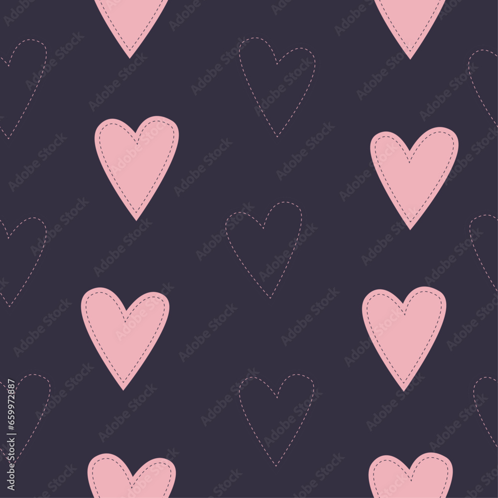 pink hearts on a dark purple background, seamless pattern with hearts