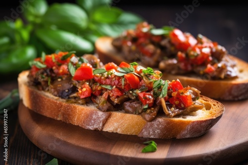 anchovy bruschetta with fresh basil leaf on top