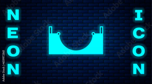 Glowing neon Skate park icon isolated on brick wall background. Set of ramp, roller, stairs for a skatepark. Extreme sport. Vector