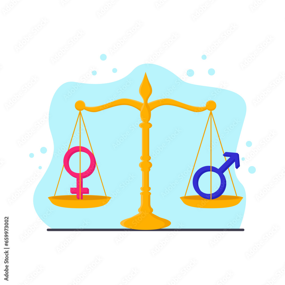 Scales of justice with male and female symbols. Gender equality concept. Vector illustration in flat style Scales of justice with male and female symbols. Gender equality concept. Vector illustration in flat style
