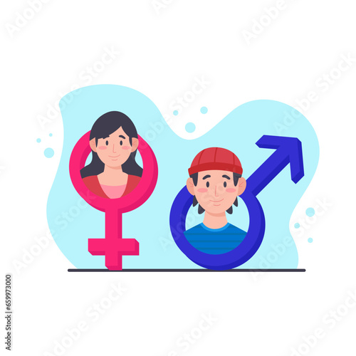 Gender equality concept. Vector illustration in flat cartoon style. Man and woman characters.