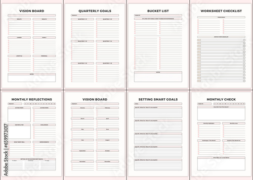 Minimalist planner pages templates. Printable Life & Business Planner . Vision Board,Quarterly Goals,Bucket List,Worksheet Checklist,Monthly Reflections,Vision Board,Setting Smart Goals,Monthly Check,