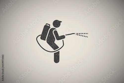 Gardener, spray, weeding icon vector illustration in stamp style