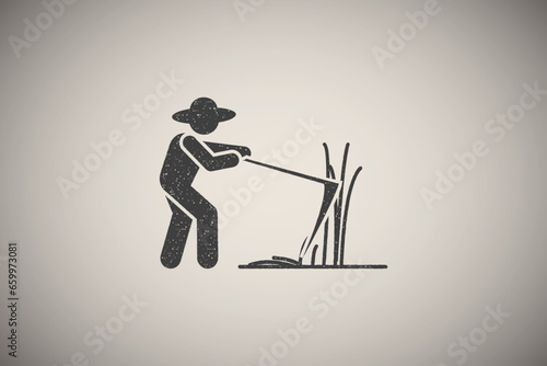 Cutting, farmer, grass, weed icon vector illustration in stamp style
