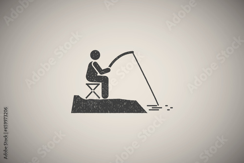 Fishing, river icon vector illustration in stamp style