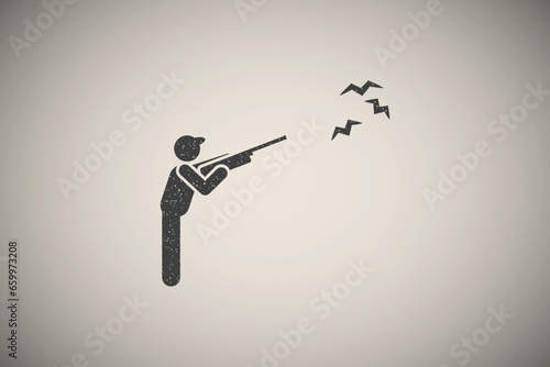 Birds, hunter, man icon vector illustration in stamp style