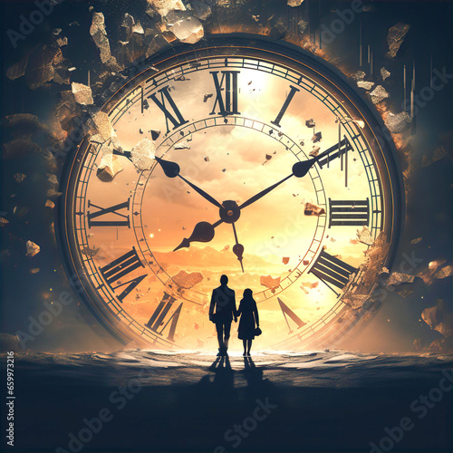 Life, time and Fatalism concept illustration, human tased a big clock which going to be destroyed by the time