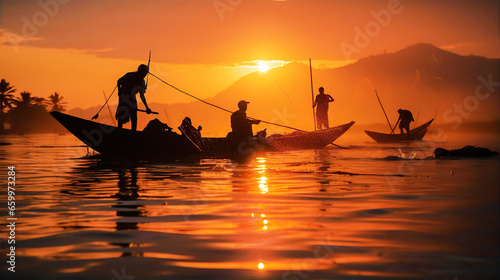 Fotografie, Tablou Sri Lankan Stilt Fishing man silhouettes at sunset