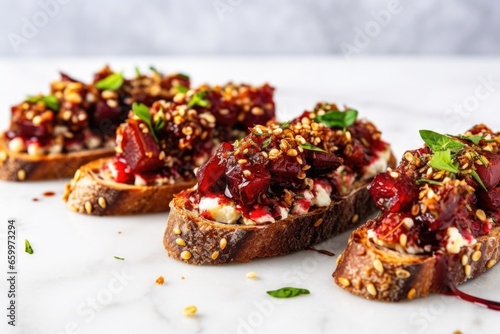 close-up shot of beetroot bruschetta on a marble surface