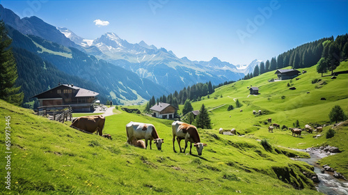 Beautiful Alps landscape with village   green fields and cows at sunny day. Swiss mountains at the background. 