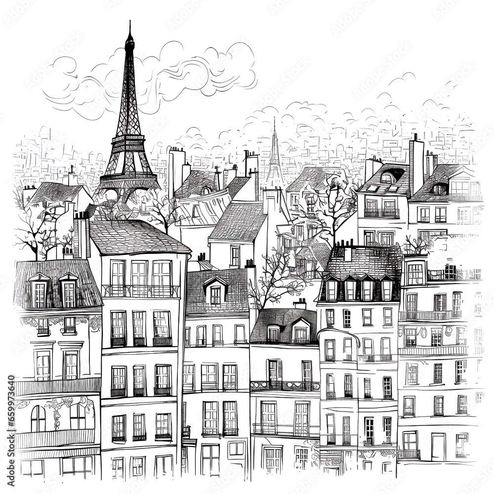 Beautiful ink illustration of Paris with old buildings and skyscrapers. 